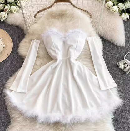 Women's Christmas dress, sexy low-cut waist-slimming, long-swing fur suspender tube top dress R0356