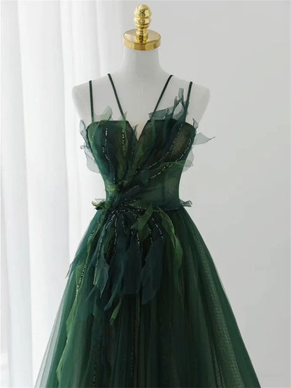 Ball Gown Spaghetti Straps Floor Length Dark Green Long Prom Dresses B008