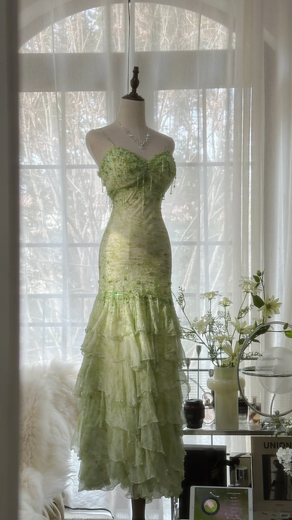 Elegant Green Fairy Mermaid Long Chiffon Spaghetti Strap Evening Dress Prom Dresses D1496
