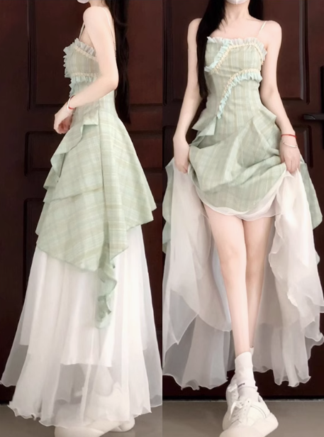 Mint Mambo Green Tube Top Suspender Dress 2025 New Holiday Style Irregular Temperament Long Dress R0243