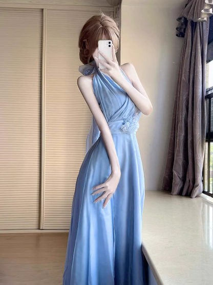 Blue V-neck halter dress for women French gentle temperament holiday style waist A-line long skirt R0427