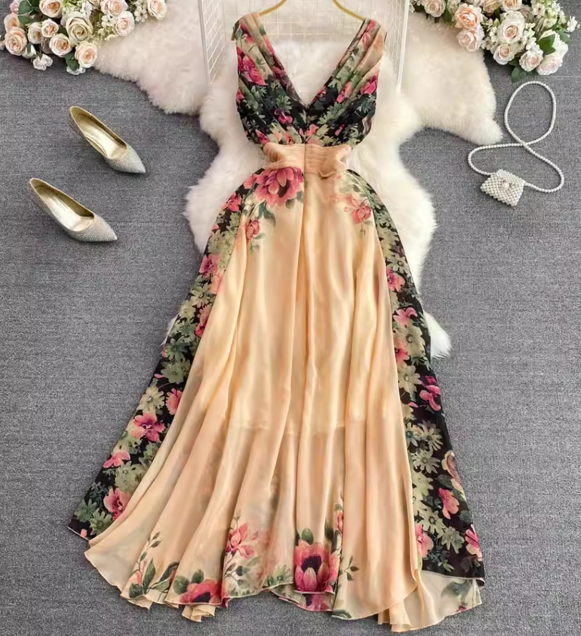 Fashionable and elegant long dress with V-neck, slim waist and positioning print A-line swing dress R0357