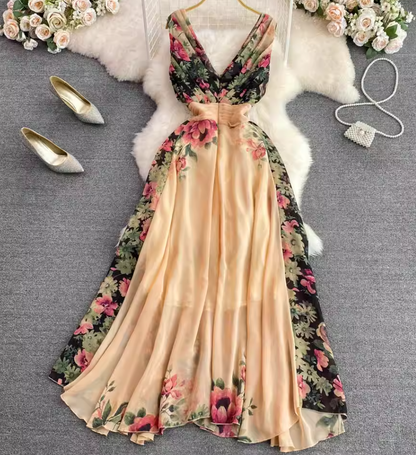 Fashionable and elegant long dress with V-neck, slim waist and positioning print A-line swing dress R0357