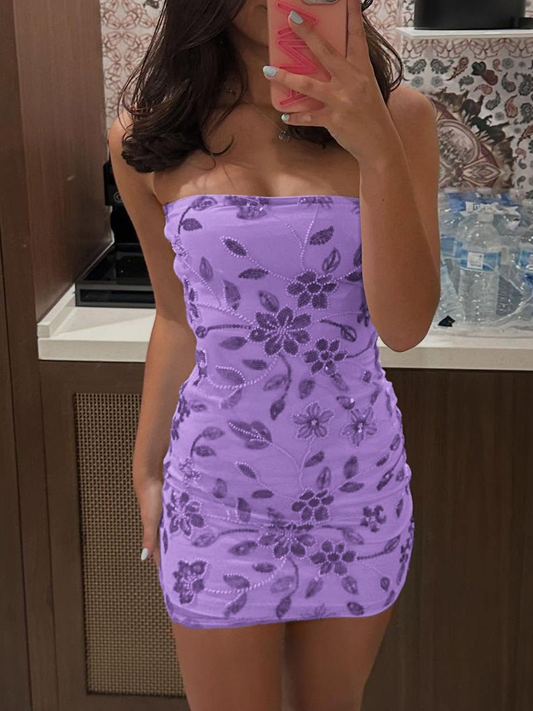 Charming Strapless Lavender Sequin Sheath Cocktail Dress Short Formal 6th Grade Homecoming Dress D084