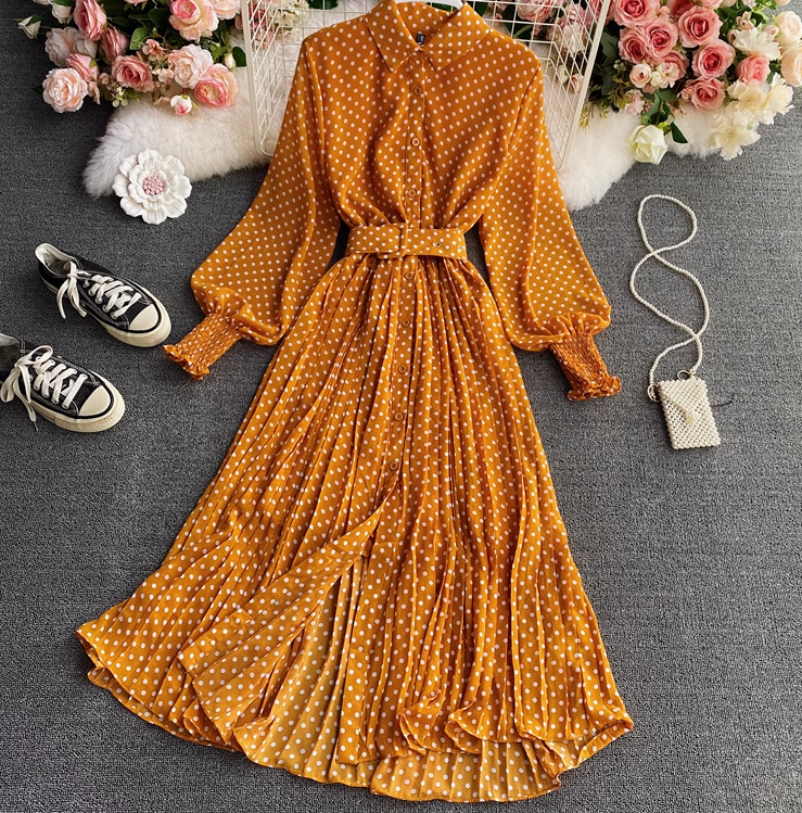 Polka dot chiffon shirt collar dress new style gentle style waist large swing pleated long skirt R0316