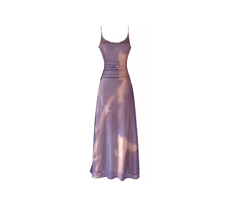 Purple oil painting sling dress 2025 new holiday style contrast color pleated temperament long skirt R0075