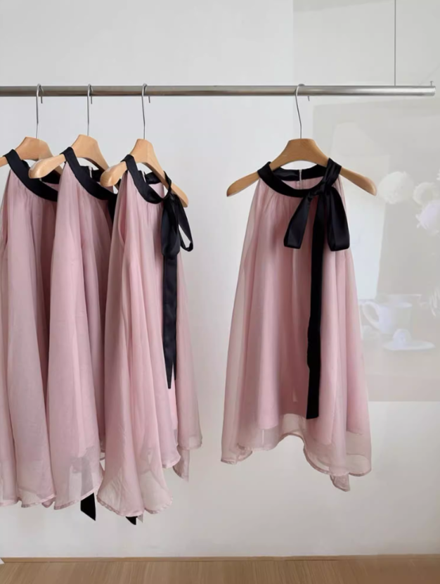 Classic pink and black halter neck dress gentle temperament skirt long skirt for women R0293