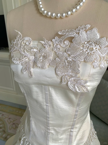 White lace tube top waist satin splicing ruffled skirt short skirt homecoming dress R4148