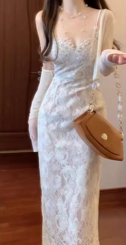 French gentle style white lace suspender dress 2025 new style temperament high-end waist slim hip skirt R0455