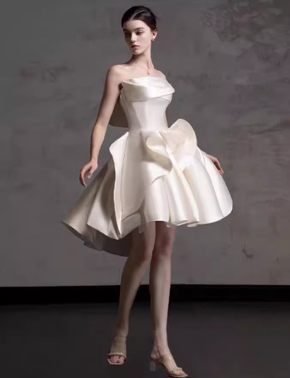 French white tube top satin banquet birthday party host short A skirt prom dress homecoming dress R2970