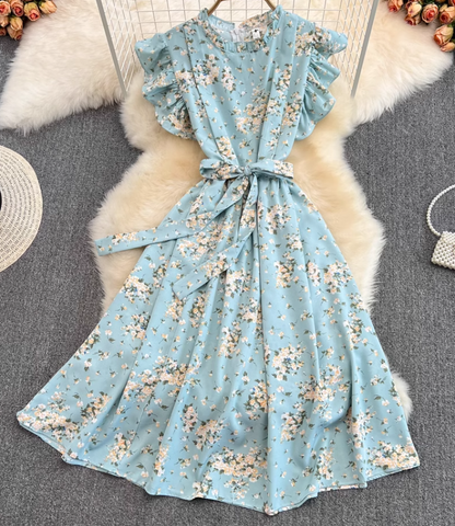 2025 Summer Gentle Style Sweet Ruffled Stand Collar Waist Slim Floral Chiffon Lotus Sleeve Dress R0408