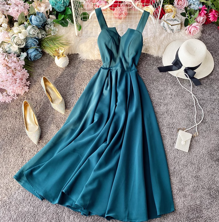 Sexy backless retro suspender skirt tube top dress waist slimming beach over knee goddess dress R0340
