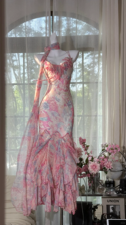 Elegant Fairy Mermaid Long Chiffon Spaghetti Strap Evening Dress Prom Dresses D1497