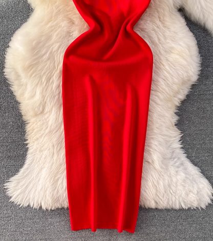 Flying sleeve suspender dress, elegant waist-length knitted hip-wrapped dress R0333