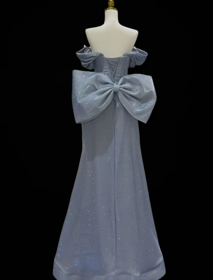 Gorgeous Off The Shoulder Gray Satin Sequin Beaded Mermaid Long Evening Dress Party Gown With Bow