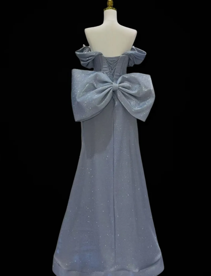 Gorgeous Off The Shoulder Gray Satin Sequin Beaded Mermaid Long Evening Dress Party Gown With Bow