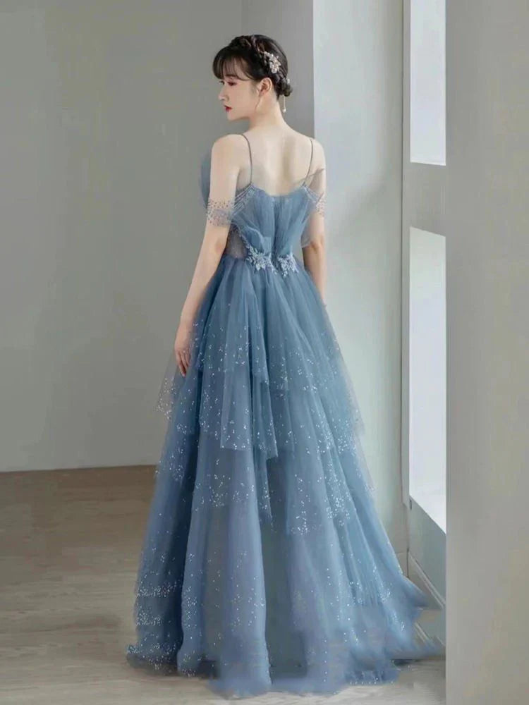 Vintage Blue Beaded Design Elegant A-Line Chiffon Tulle Evening Dress Prom Dress D1602