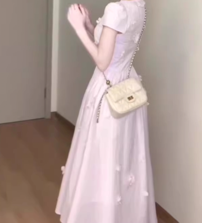 Gentle style pink baby collar dress floral waist A-line long skirt R0790