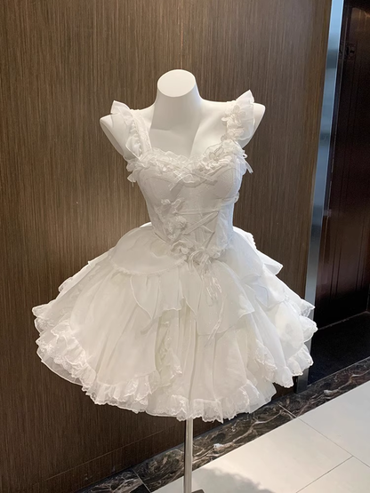 Cute Ball Gown Straps White Chiffon Short Cocktail Dresses Birthday Outfits