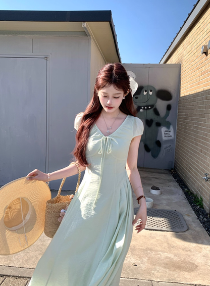 Green long v-neck short-sleeved dress women's summer loose slim temperament skirt R4832