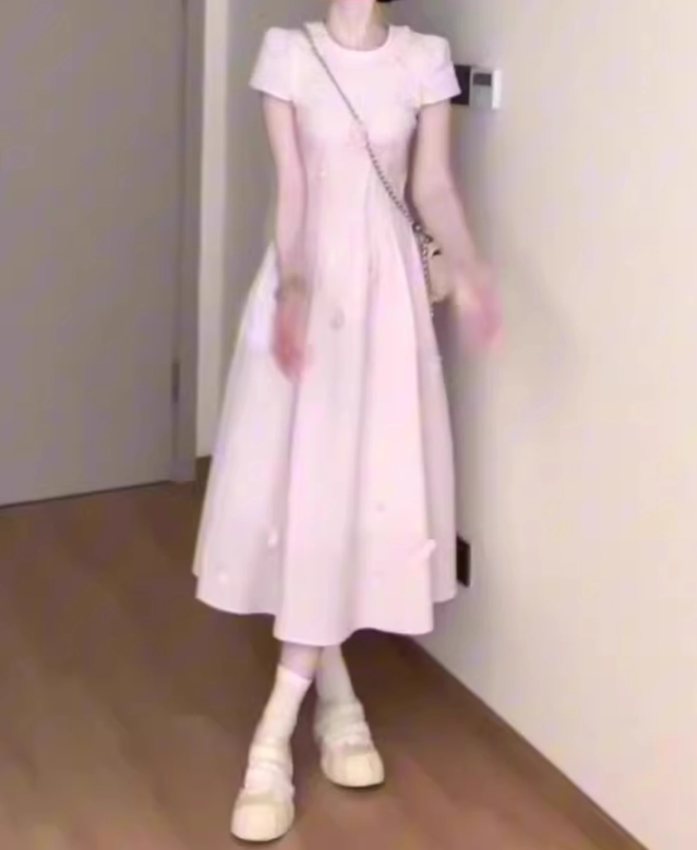 Gentle style pink baby collar dress floral waist A-line long skirt R0790