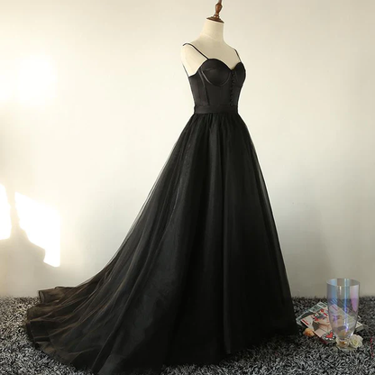 Ball Gown Spaghetti Straps Black Tulle Prom Dress Long Brush/Sweep Train Prom Dress c2834
