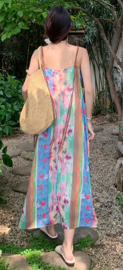 Retro oil painting style flower suspender dress holiday style tassel blouse slim long skirt suit R0204