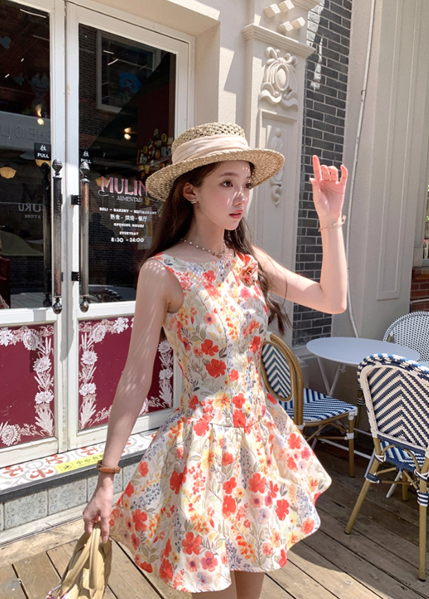 Women's summer French retro printed waist suspender dress R4824