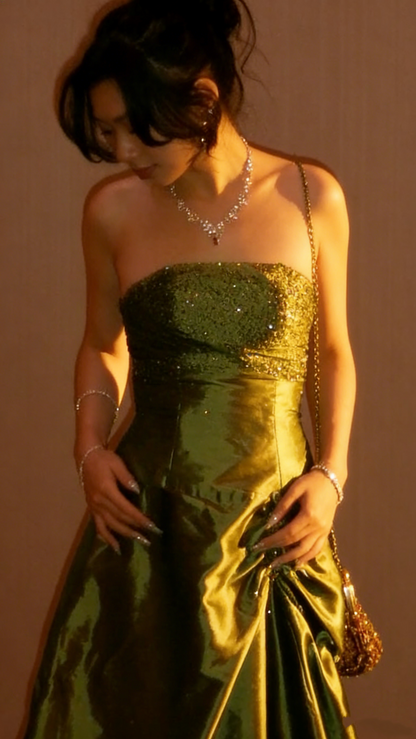 Elegant Olive Green Strapless Satin Sequin Long Birthday Party Dress Evening Gown