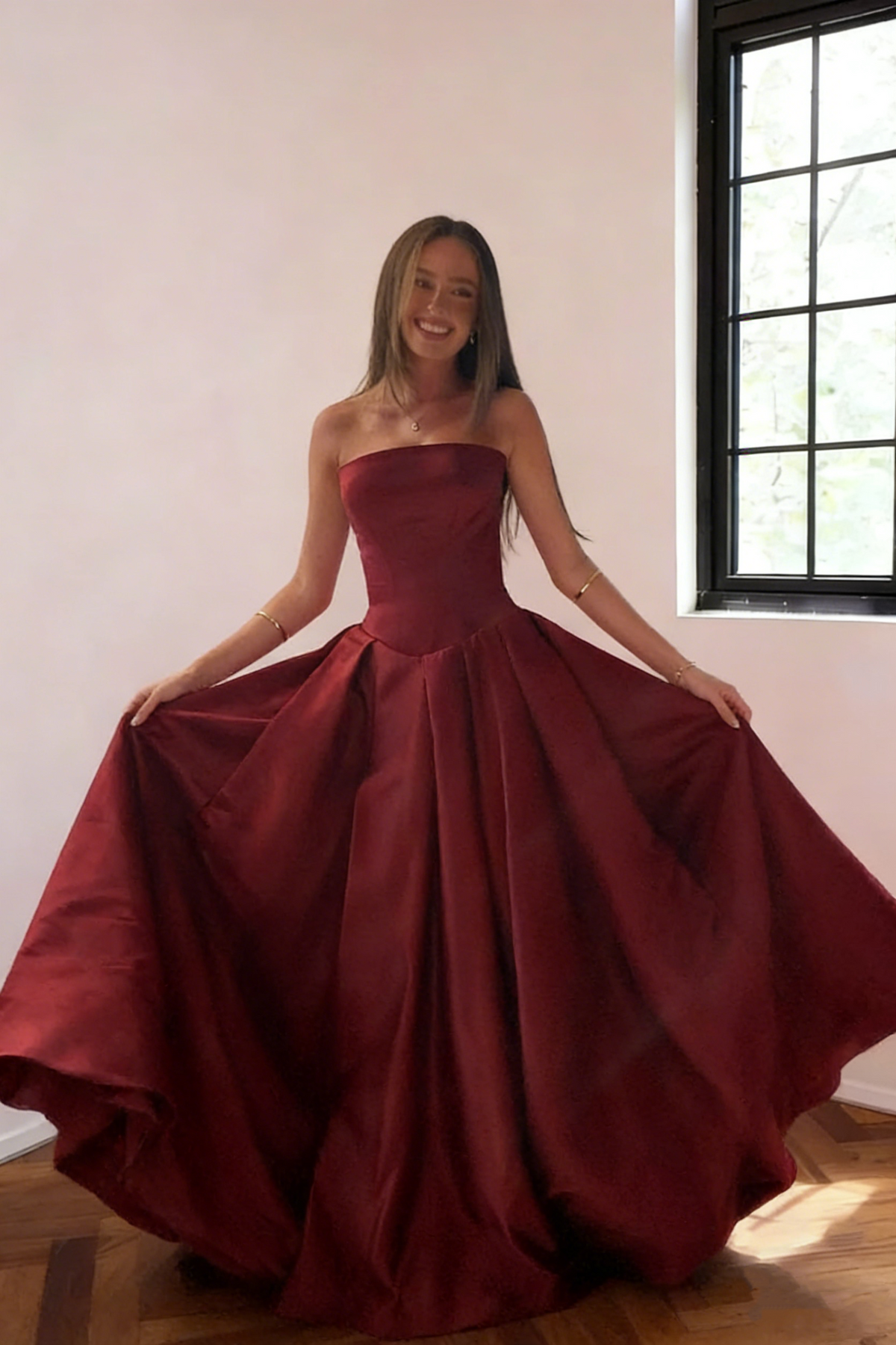 Classy Burgundy Strapless Satin Pleated Long Evening Dress Formal Wedding Guest Dress SP1732