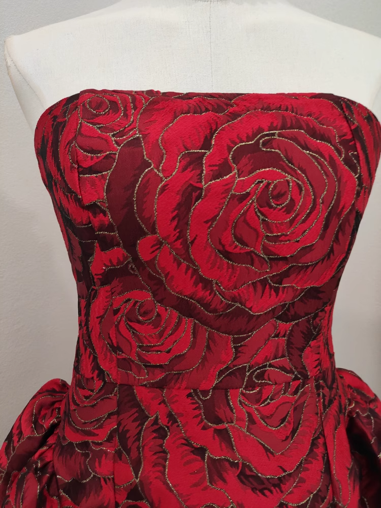 Cute Ball Gown Strapless Red Satin Floral Cocktail Dress Short Birthday Outfits