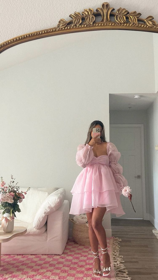 Pink A-line Puffy Dress,Pink Homecoming Dress,Y2428