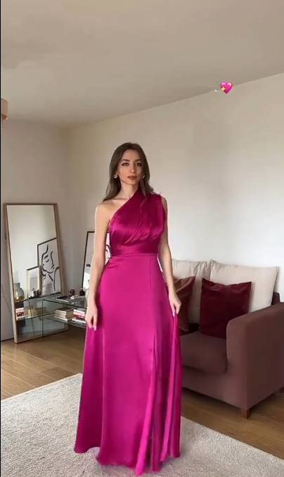 Classy Hot Pink Satin A Line Long Evening Dress Birthday Party Gown
