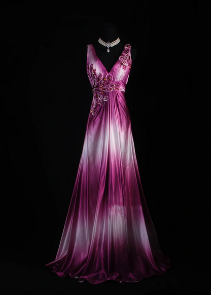 Charming Rose Red Gradient Mermaid Long Party Dress Formal 20th Birthday Dress With Beaded Floral D2231