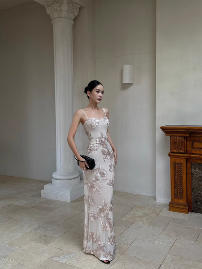 Unique Champagne Satin Floral Mermaid Evening Dress Spaghetti Straps Long Party Gown