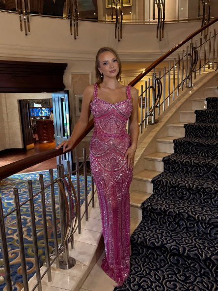 Gorgeous Pink Spaghetti Straps Sequin Beaded Long Evening Dress Formal Party Gown