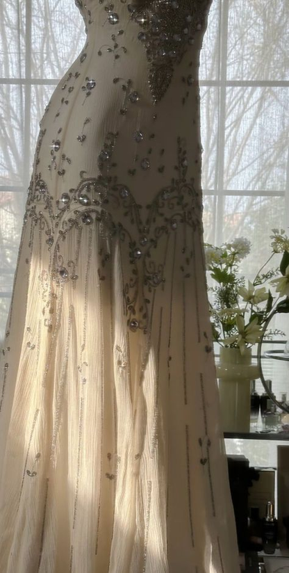 Chic Ivory Chiffon Beaded Mermaid Long Party Dress Evening Dresses D1971
