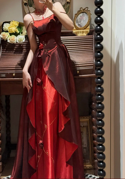 Vintage Spaghetti Straps Satin Beaded A Line Long Wedding Guest Dress,Burgundy Birthday Party Dress With 3D Flowers D2053