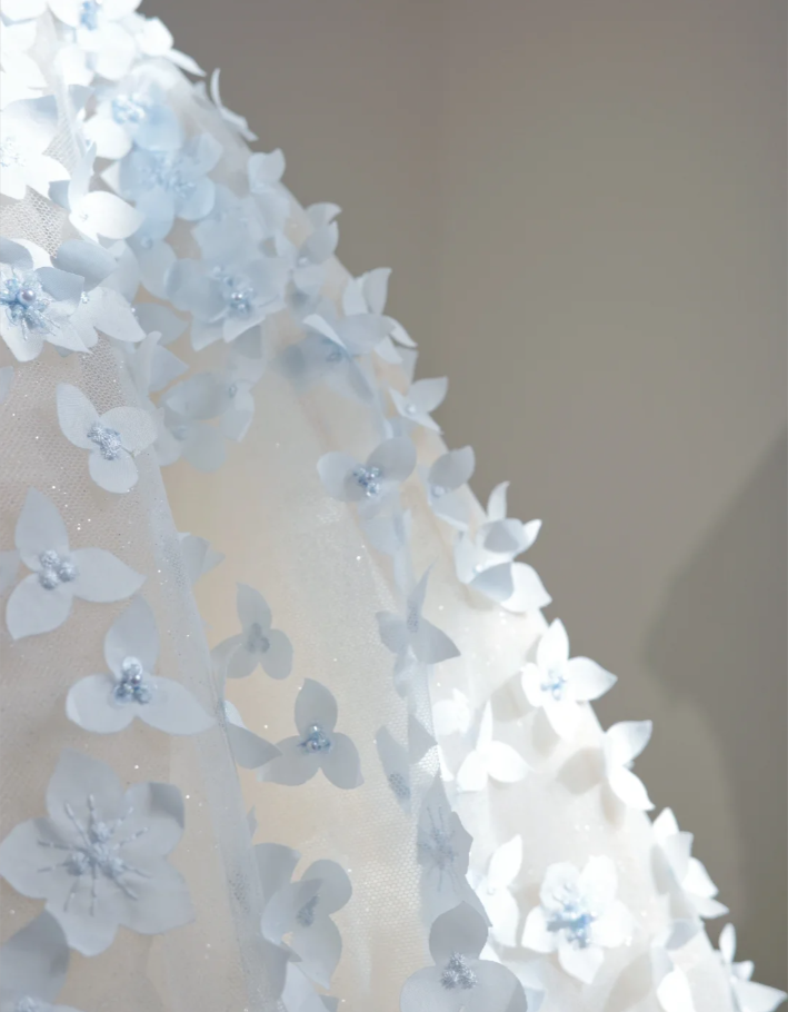 Fairy Strapless Blue Tulle 3D Flowers Beaded Ball Gown Pretty Long Wedding Dress