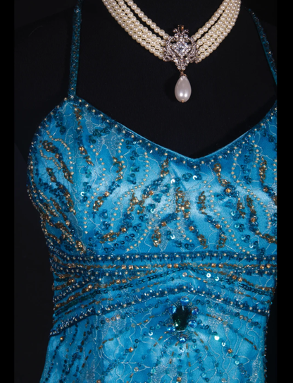 Glamorous Spaghetti Straps Blue Lace Beaded Mermaid Long Evening Dress Party Gown