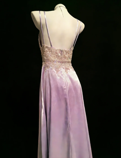 Elegant Spaghetti Straps Lace Appliques Beaded Long Wedding Guest Dress Purple Party Dress Prom Dress SP1587