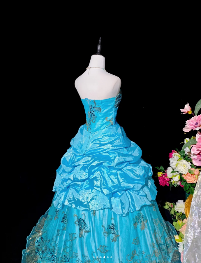 Gorgeous Strapless Quinceanera Dress Blue Satin Tulle Sequin Floral Ball Gown Sweet 16 Dress
