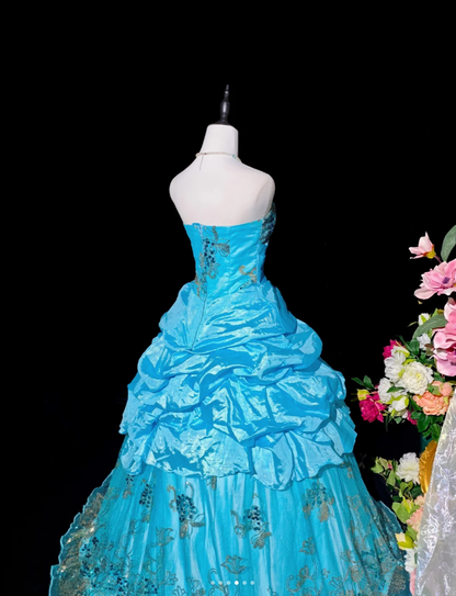 Gorgeous Strapless Quinceanera Dress Blue Satin Tulle Sequin Floral Ball Gown Sweet 16 Dress