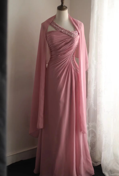 Pretty Pink Chiffon Beaded Mermaid Long Party Dress Evening Gown