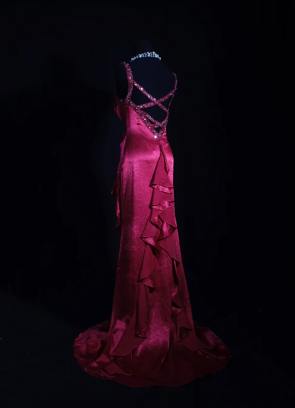 Stylish Hot Pink Satin V Neck Mermaid Evening Dress Backless Long Party Gown With Beads