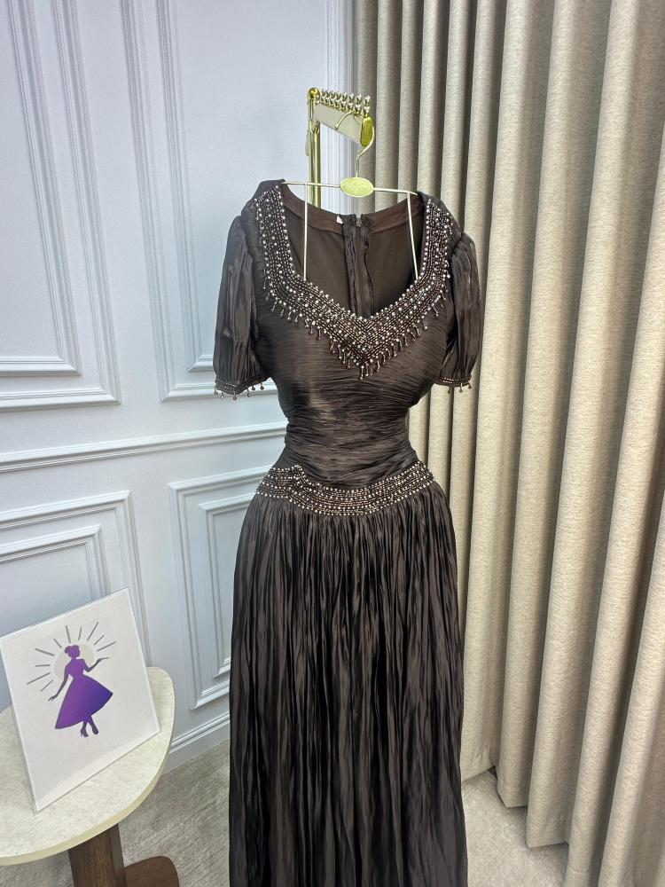 Vintage V Neck Brown Chiffon Beaded Mermaid Party Dress Long Evening Gowns