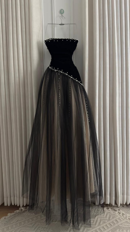 Elegant Strapless Royal Blue Velvet Tulle Beaded Long Party Dress Formal Birthday Prom Gowns SP2048