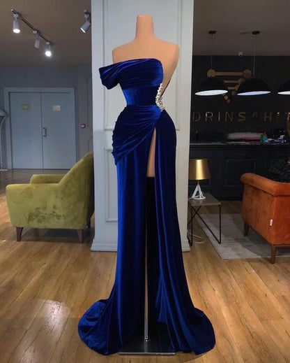 Royal Blue One Shoulder Velvet Split Long Prom Dress Evening Dress M4925