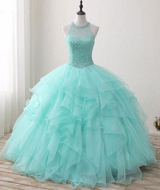 Cute green round neck tulle beads long prom dress, sweet 16 dress M4885