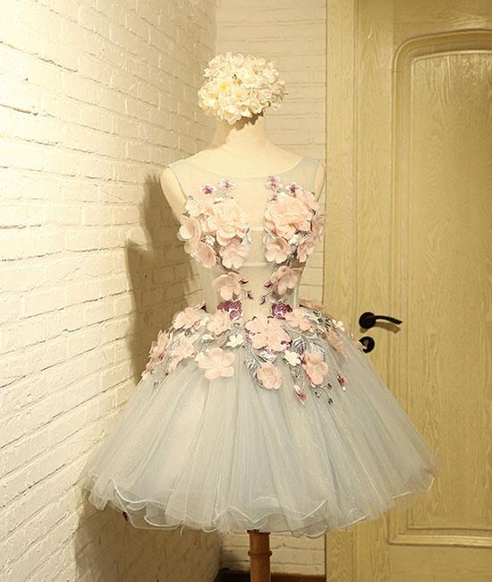 Cute round neck gray tulle lace applique short prom dresses M4872